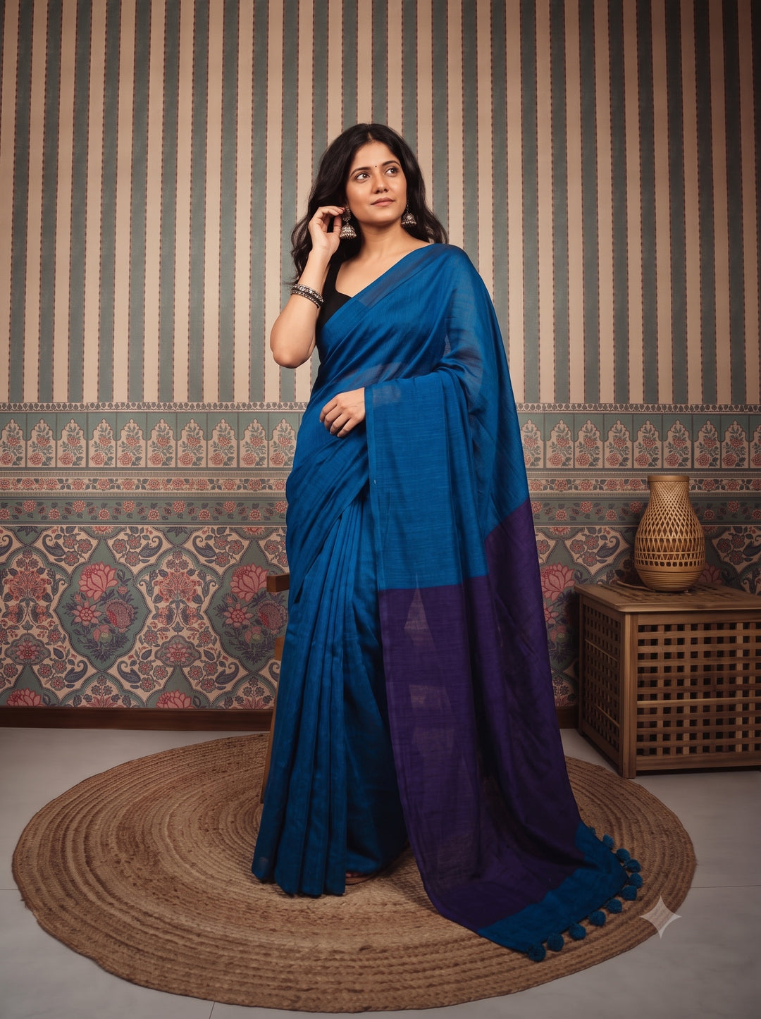 Cobalt Blue Mul Cotton Saree with Deep Purple Contrast Pallu, Tassels & Matching Blouse