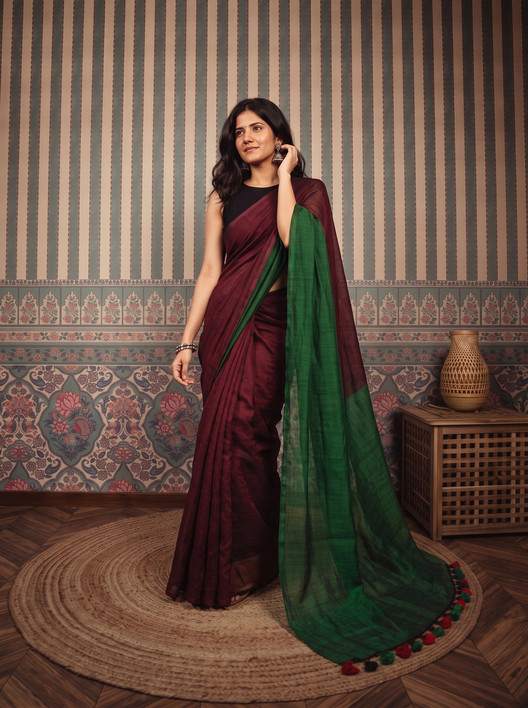 Wine Maroon Mul Cotton Saree with Contrast Emerald Green Pallu, Tassels & Matching Blouse