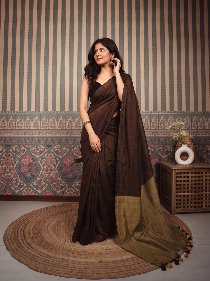 Chocolate Brown Mul Cotton Saree with Antique Gold Contrast Pallu, Tassels & Matching Blouse