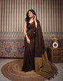 Chocolate Brown Mul Cotton Saree with Antique Gold Contrast Pallu, Tassels & Matching Blouse