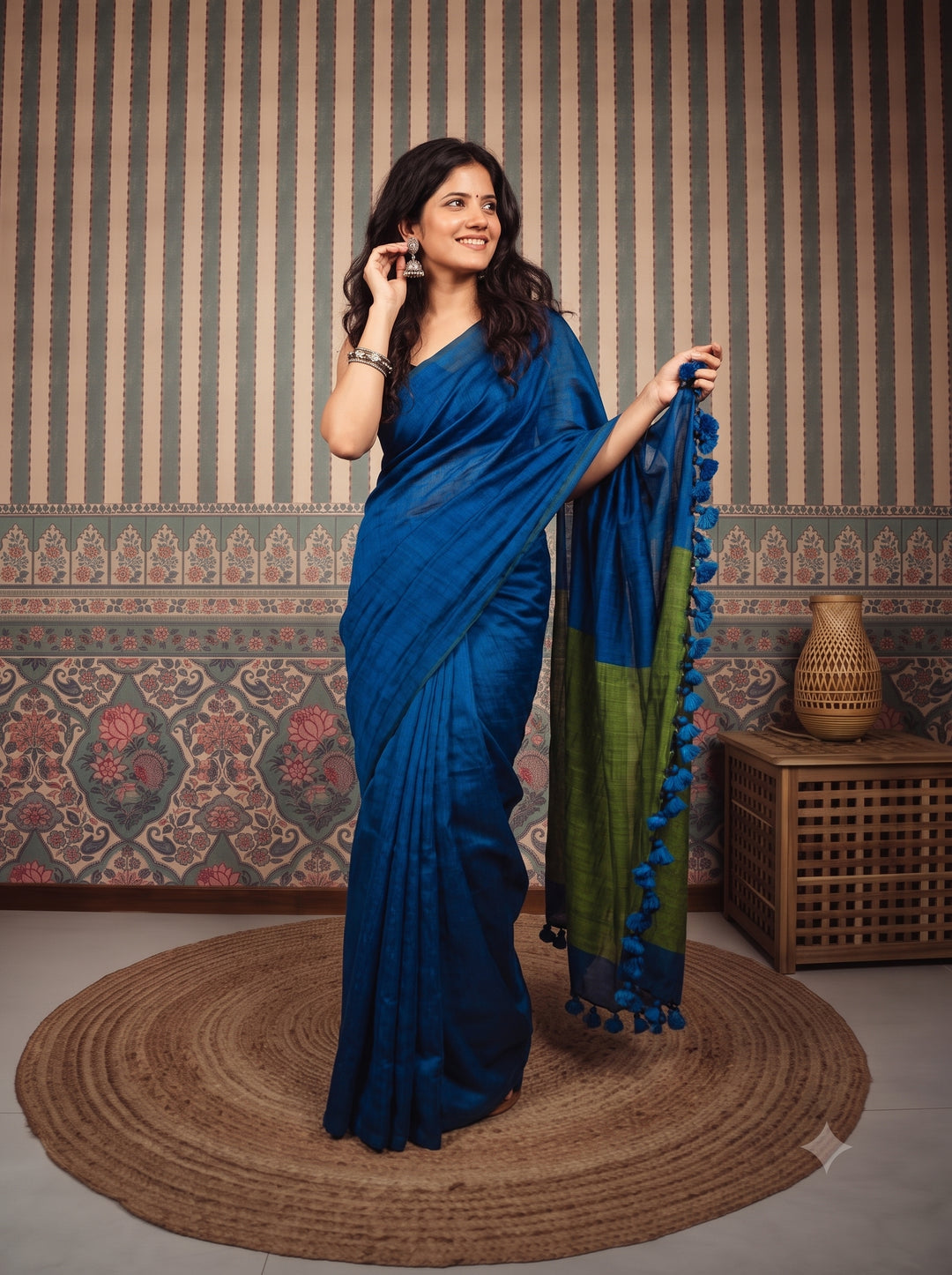 Royal Blue Mul Cotton Saree with Olive Green Contrast Pallu, Tassels & Matching Blouse