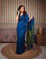 Royal Blue Mul Cotton Saree with Olive Green Contrast Pallu, Tassels & Matching Blouse