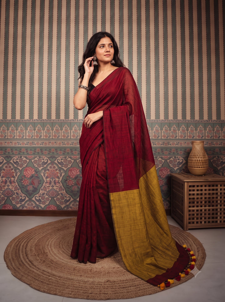 Deep Red Mul Cotton Saree with Mustard Gold Contrast Pallu, Tassels & Matching Blouse