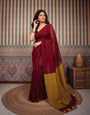 Deep Red Mul Cotton Saree with Mustard Gold Contrast Pallu, Tassels & Matching Blouse