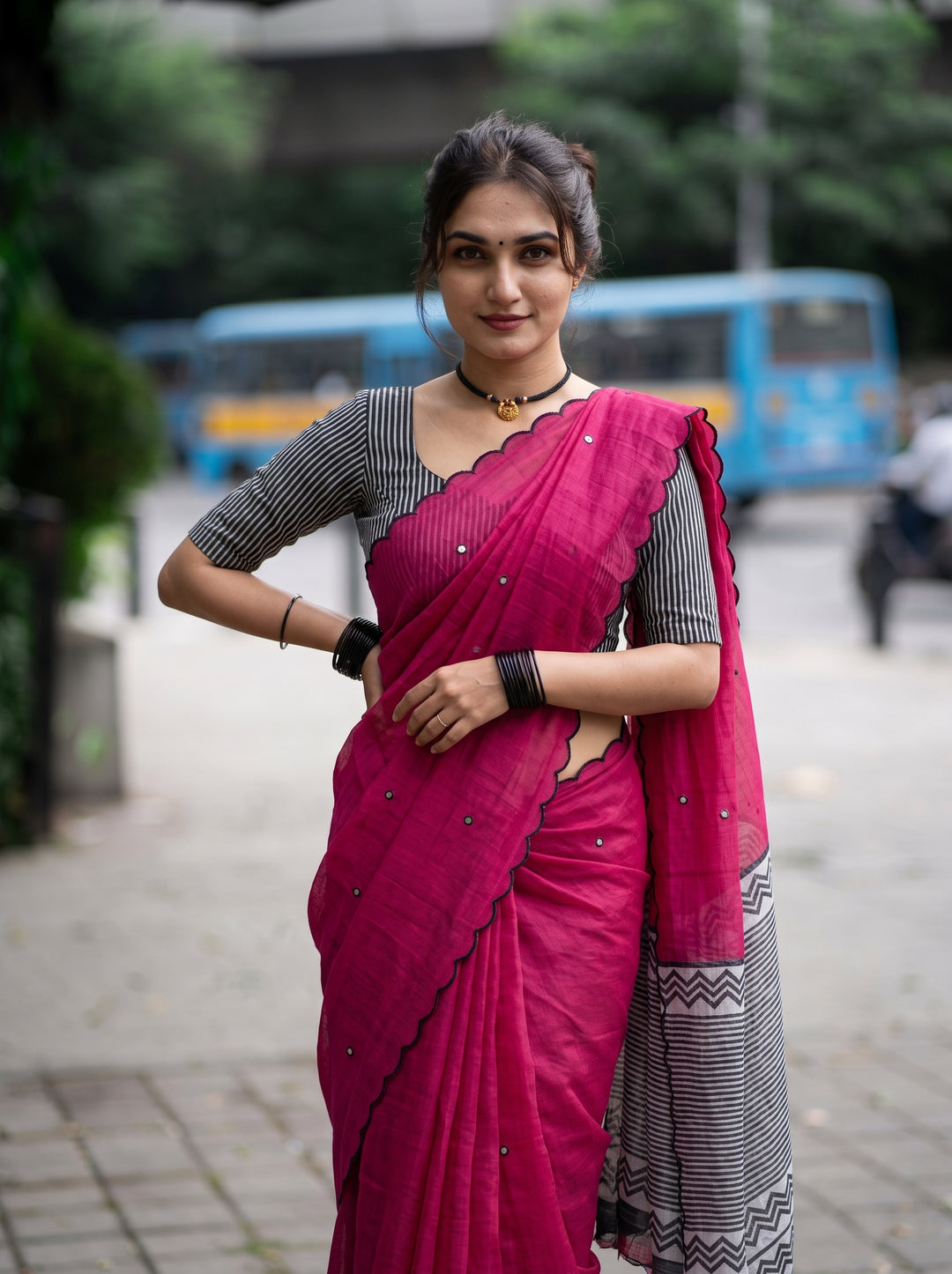 Rani Pink Mul Cotton Saree with Aari Foil Mirror Work, Embroidered Arco Border & Contrast Printed Pallu with Blouse Piece