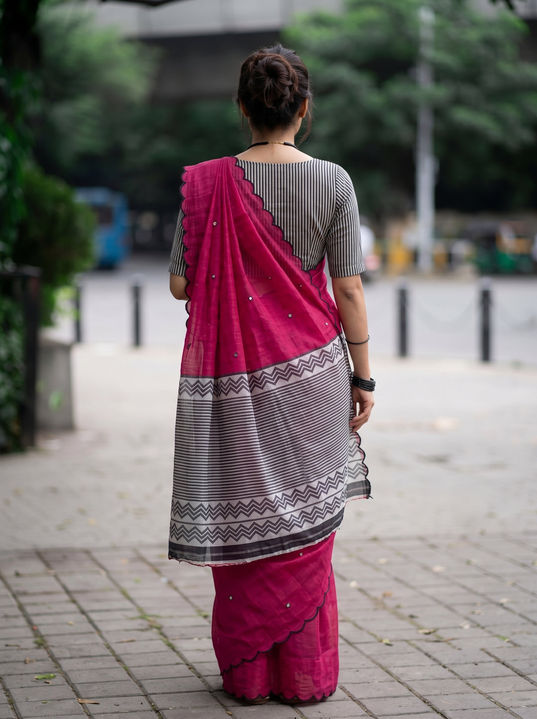 Rani Pink Mul Cotton Saree with Aari Foil Mirror Work, Embroidered Arco Border & Contrast Printed Pallu with Blouse Piece
