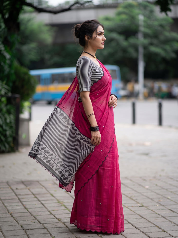 Rani Pink Mul Cotton Saree with Aari Foil Mirror Work, Embroidered Arco Border & Contrast Printed Pallu with Blouse Piece