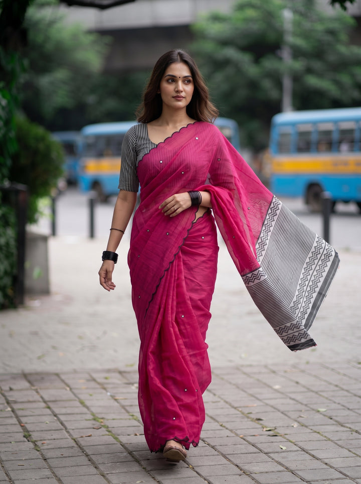Rani Pink Mul Cotton Saree with Aari Foil Mirror Work, Embroidered Arco Border & Contrast Printed Pallu with Blouse Piece