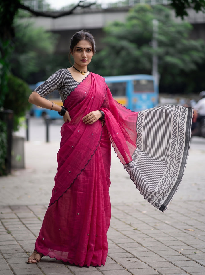 Rani Pink Mul Cotton Saree with Aari Foil Mirror Work, Embroidered Arco Border & Contrast Printed Pallu with Blouse Piece