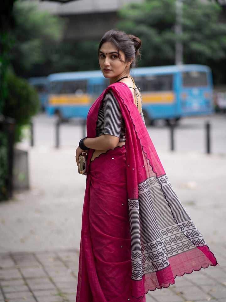 Rani Pink Mul Cotton Saree with Aari Foil Mirror Work, Embroidered Arco Border & Contrast Printed Pallu with Blouse Piece