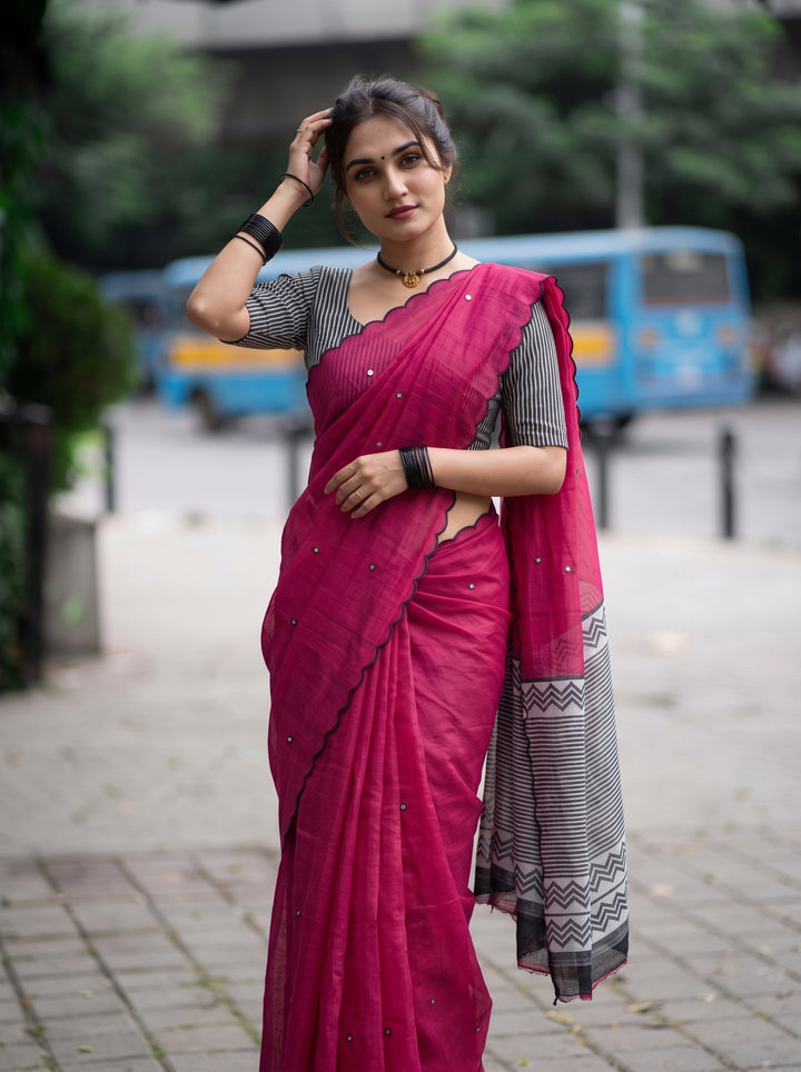 Rani Pink Mul Cotton Saree with Aari Foil Mirror Work, Embroidered Arco Border & Contrast Printed Pallu with Blouse Piece
