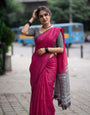 Rani Pink Mul Cotton Saree with Aari Foil Mirror Work, Embroidered Arco Border & Contrast Printed Pallu with Blouse Piece