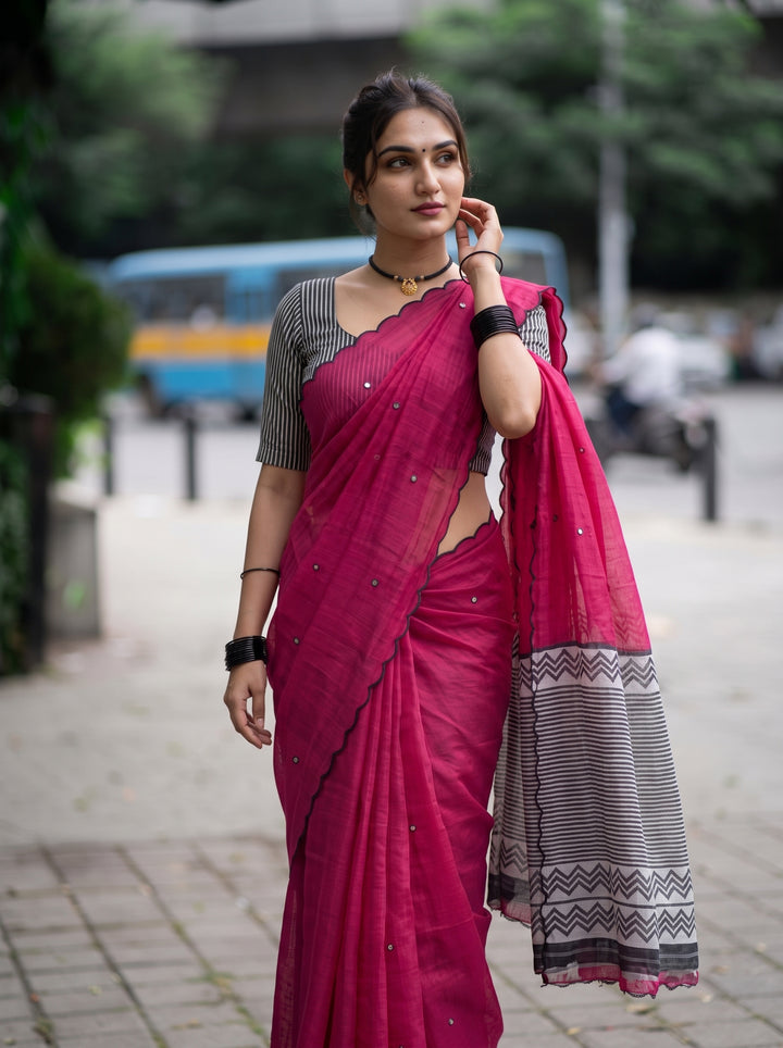 Rani Pink Mul Cotton Saree with Aari Foil Mirror Work, Embroidered Arco Border & Contrast Printed Pallu with Blouse Piece