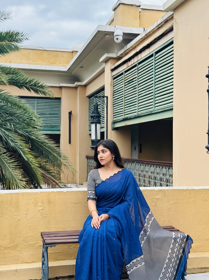 Royal Blue Mul Cotton Saree with Aari Foil Mirror Work, Embroidered Arco Border & Contrast Printed Pallu with Blouse Piece