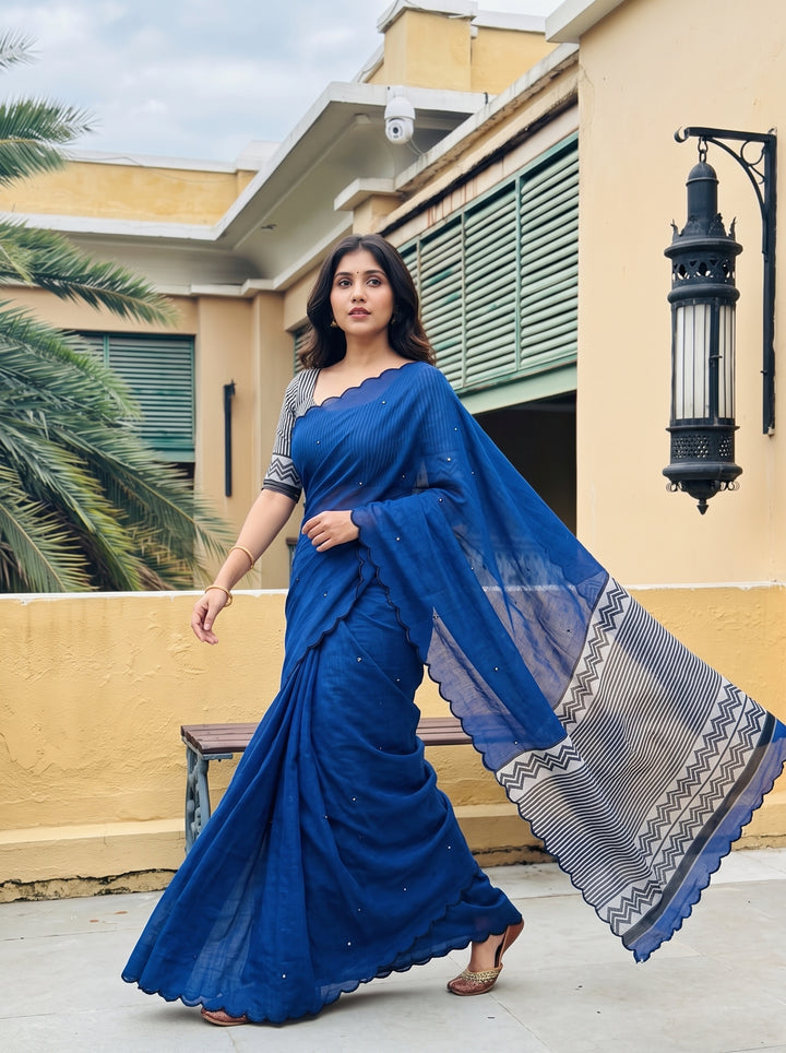 Royal Blue Mul Cotton Saree with Aari Foil Mirror Work, Embroidered Arco Border & Contrast Printed Pallu with Blouse Piece