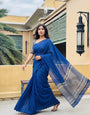 Royal Blue Mul Cotton Saree with Aari Foil Mirror Work, Embroidered Arco Border & Contrast Printed Pallu with Blouse Piece