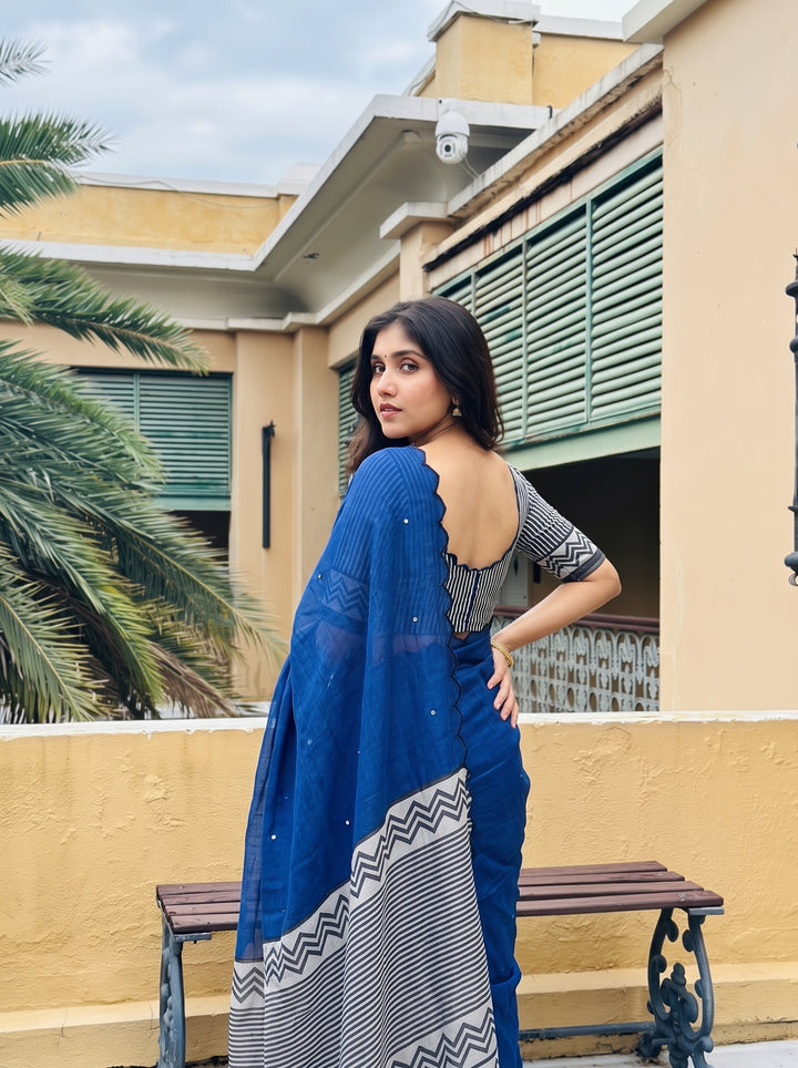 Royal Blue Mul Cotton Saree with Aari Foil Mirror Work, Embroidered Arco Border & Contrast Printed Pallu with Blouse Piece