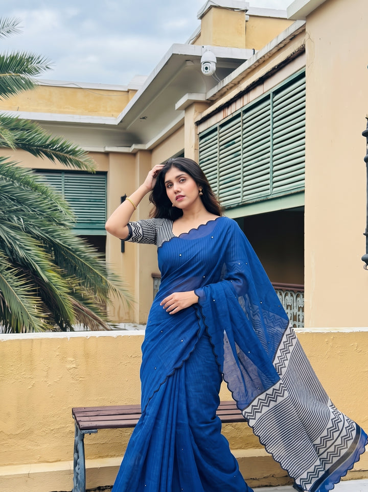 Royal Blue Mul Cotton Saree with Aari Foil Mirror Work, Embroidered Arco Border & Contrast Printed Pallu with Blouse Piece