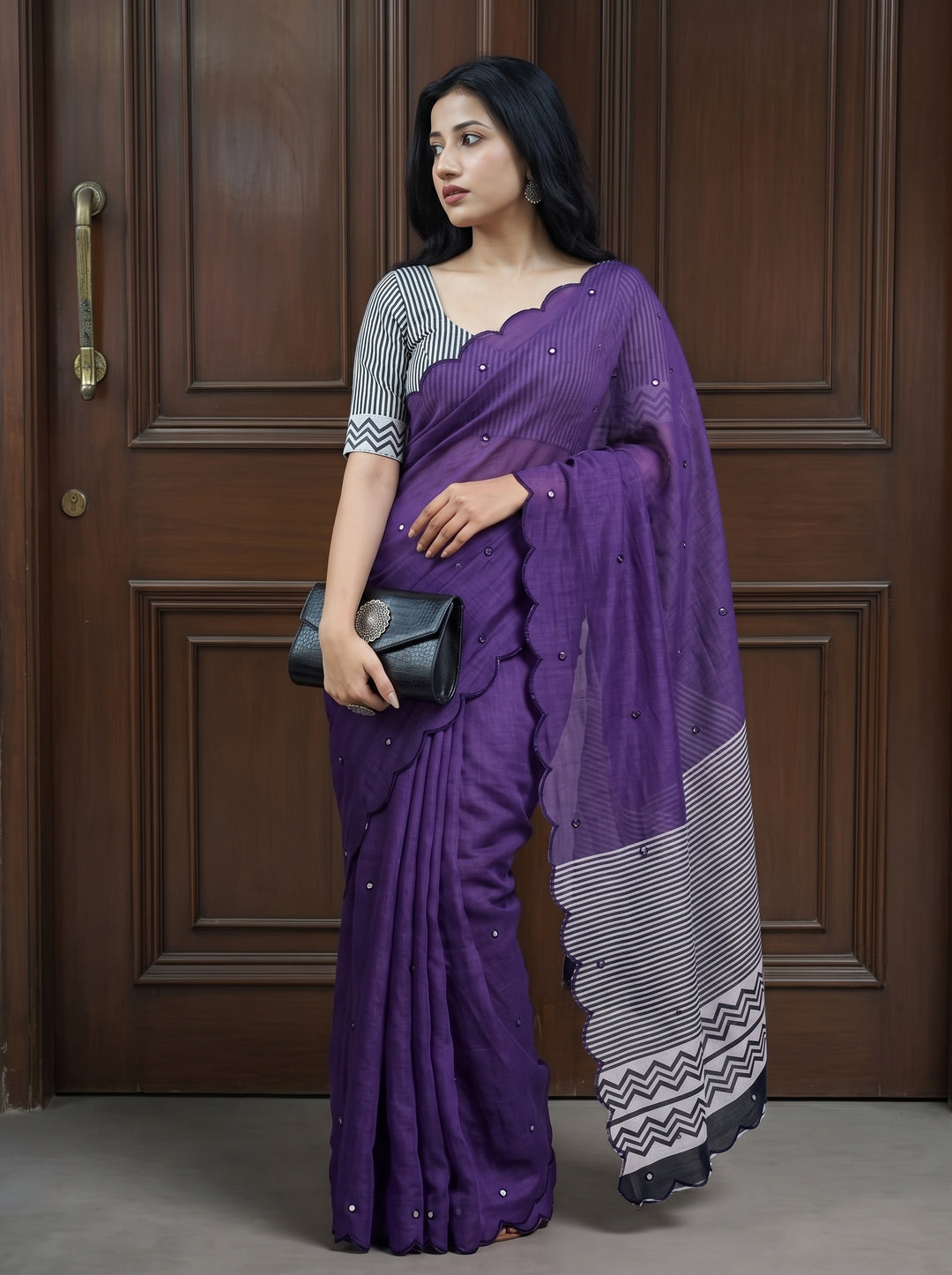Purple Mul Cotton Saree with Aari Foil Mirror Work, Embroidered Arco Border & Contrast Printed Pallu with Blouse Piece