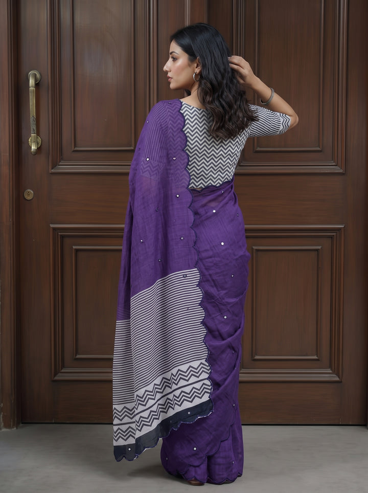 Purple Mul Cotton Saree with Aari Foil Mirror Work, Embroidered Arco Border & Contrast Printed Pallu with Blouse Piece