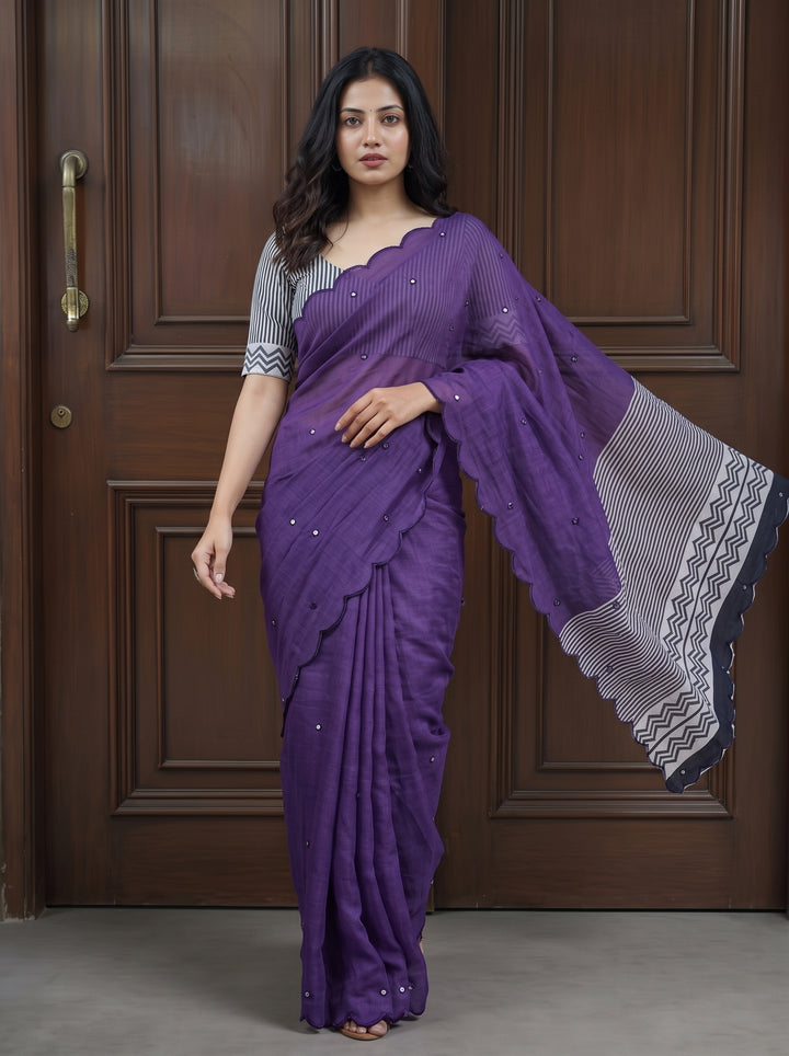 Purple Mul Cotton Saree with Aari Foil Mirror Work, Embroidered Arco Border & Contrast Printed Pallu with Blouse Piece