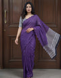 Purple Mul Cotton Saree with Aari Foil Mirror Work, Embroidered Arco Border & Contrast Printed Pallu with Blouse Piece