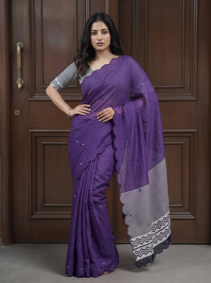 Purple Mul Cotton Saree with Aari Foil Mirror Work, Embroidered Arco Border & Contrast Printed Pallu with Blouse Piece