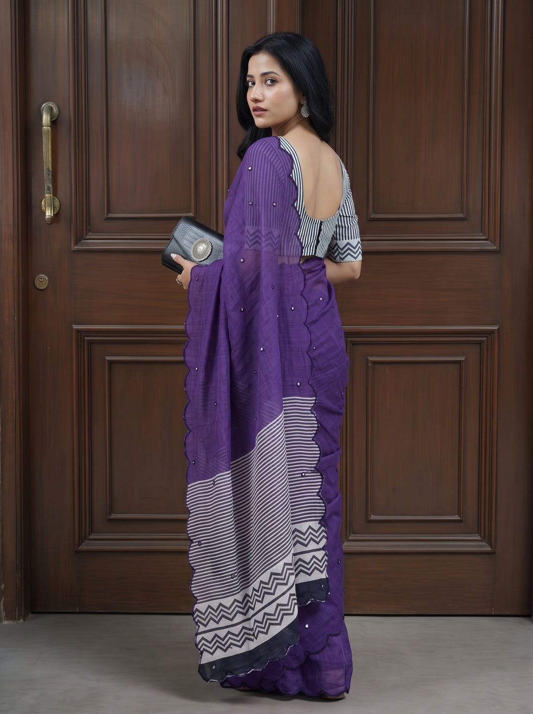 Purple Mul Cotton Saree with Aari Foil Mirror Work, Embroidered Arco Border & Contrast Printed Pallu with Blouse Piece
