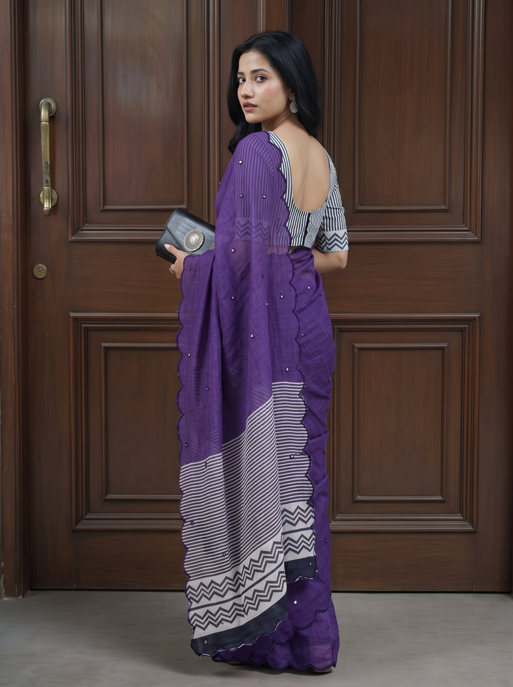 Purple Mul Cotton Saree with Aari Foil Mirror Work, Embroidered Arco Border & Contrast Printed Pallu with Blouse Piece