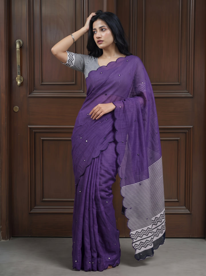 Purple Mul Cotton Saree with Aari Foil Mirror Work, Embroidered Arco Border & Contrast Printed Pallu with Blouse Piece
