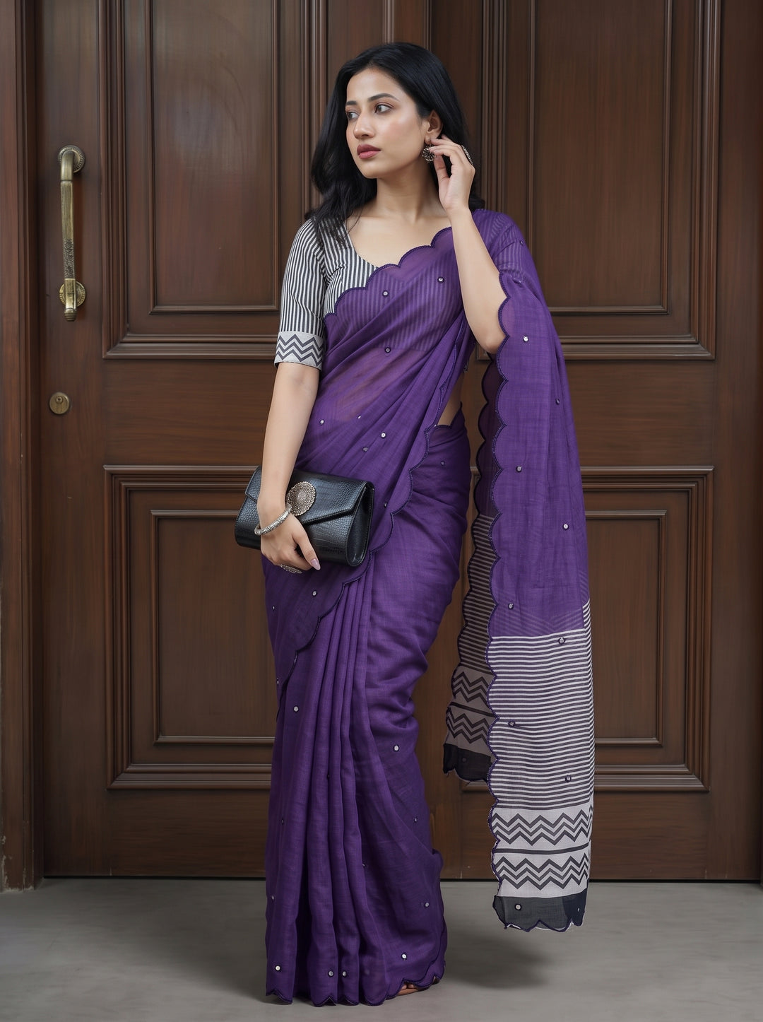 Purple Mul Cotton Saree with Aari Foil Mirror Work, Embroidered Arco Border & Contrast Printed Pallu with Blouse Piece