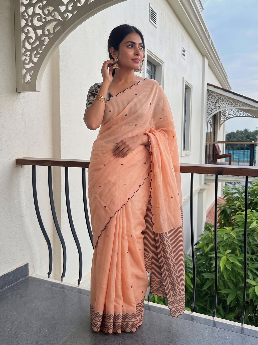 Peach Mul Cotton Saree with Aari Foil Mirror Work, Embroidered Arco Border & Contrast Printed Pallu with Blouse Piece