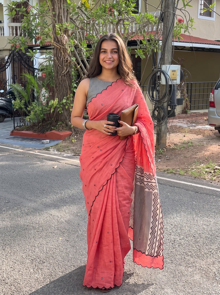 Coral Pink Mul Cotton Saree with Aari Foil Mirror Work, Embroidered Arco Border & Contrast Printed Pallu with Blouse Piece