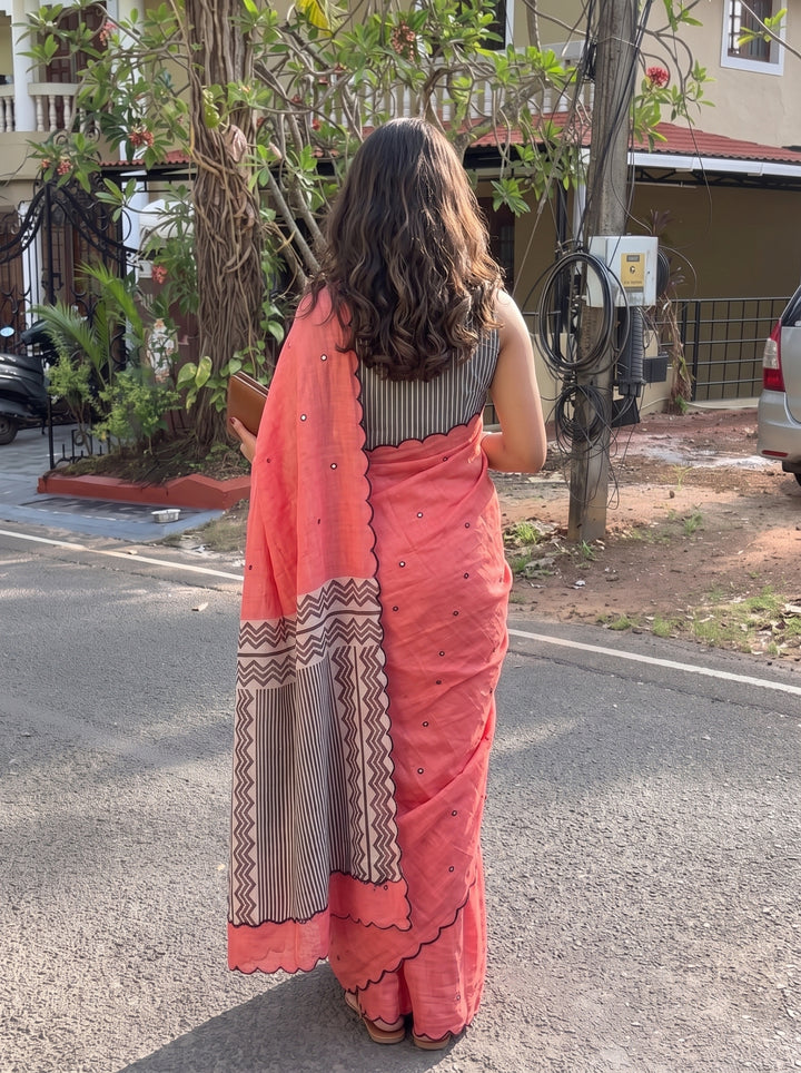 Coral Pink Mul Cotton Saree with Aari Foil Mirror Work, Embroidered Arco Border & Contrast Printed Pallu with Blouse Piece