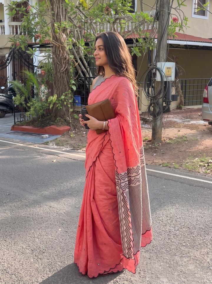 Coral Pink Mul Cotton Saree with Aari Foil Mirror Work, Embroidered Arco Border & Contrast Printed Pallu with Blouse Piece