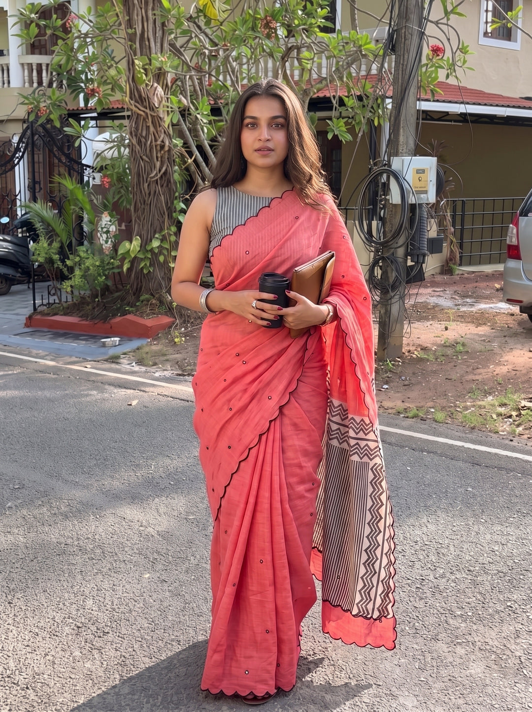 Coral Pink Mul Cotton Saree with Aari Foil Mirror Work, Embroidered Arco Border & Contrast Printed Pallu with Blouse Piece