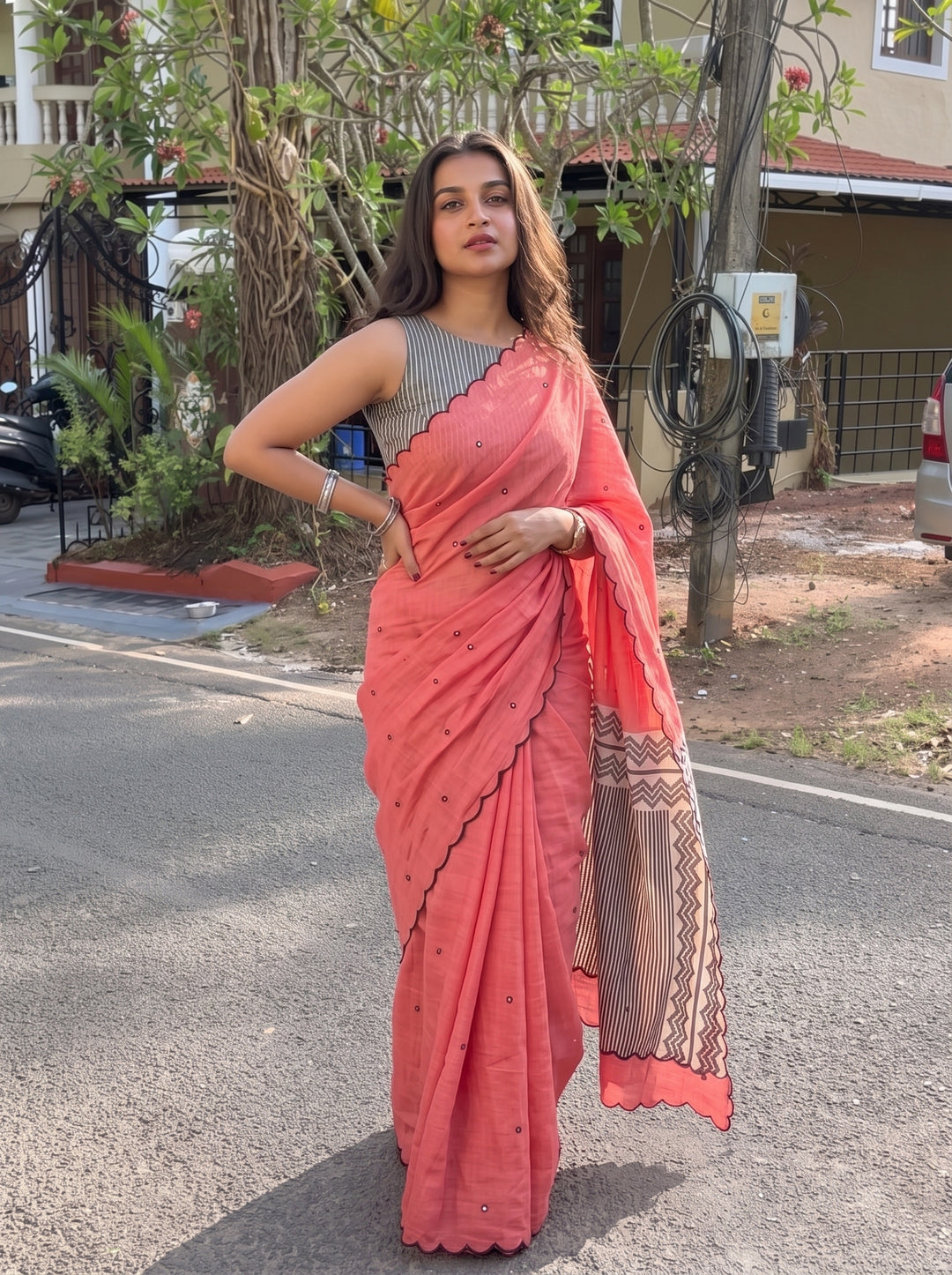 Coral Pink Mul Cotton Saree with Aari Foil Mirror Work, Embroidered Arco Border & Contrast Printed Pallu with Blouse Piece