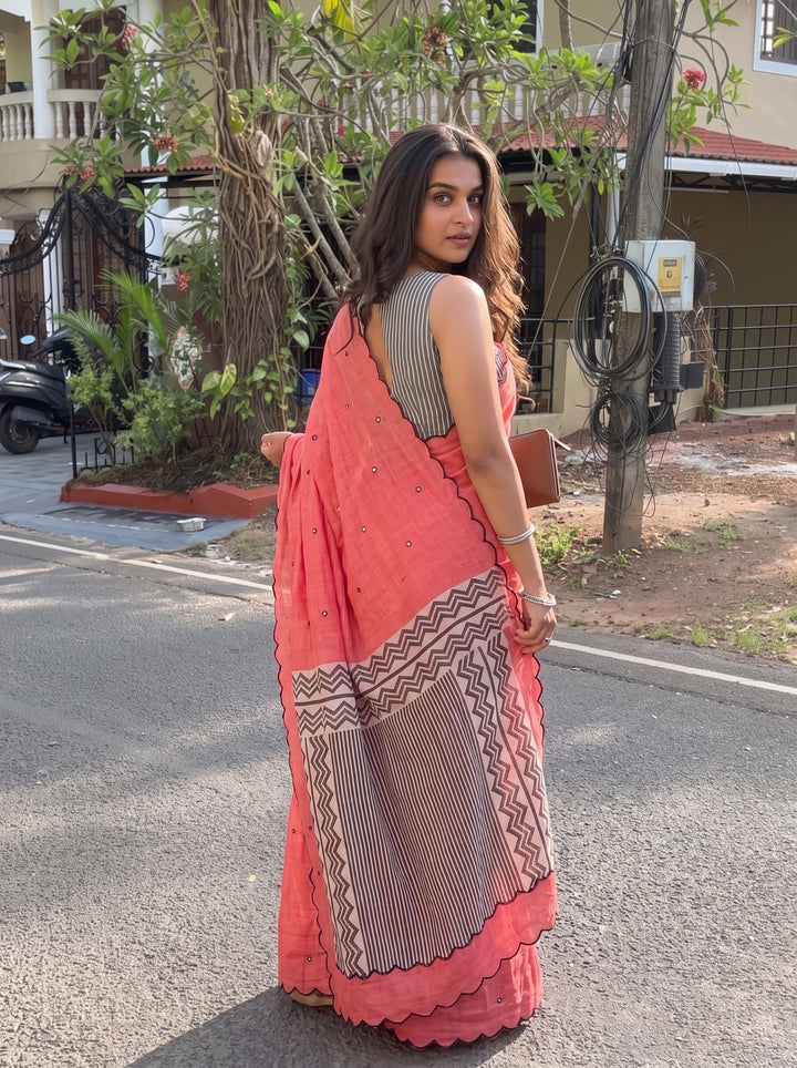 Coral Pink Mul Cotton Saree with Aari Foil Mirror Work, Embroidered Arco Border & Contrast Printed Pallu with Blouse Piece