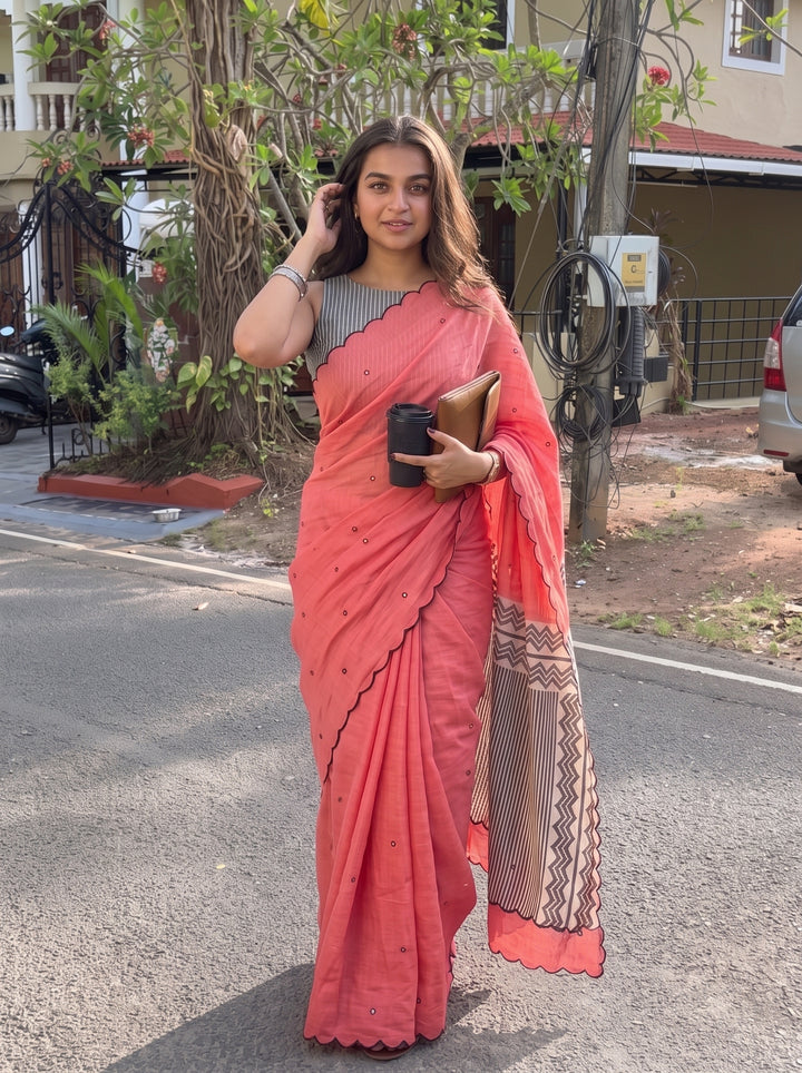 Coral Pink Mul Cotton Saree with Aari Foil Mirror Work, Embroidered Arco Border & Contrast Printed Pallu with Blouse Piece