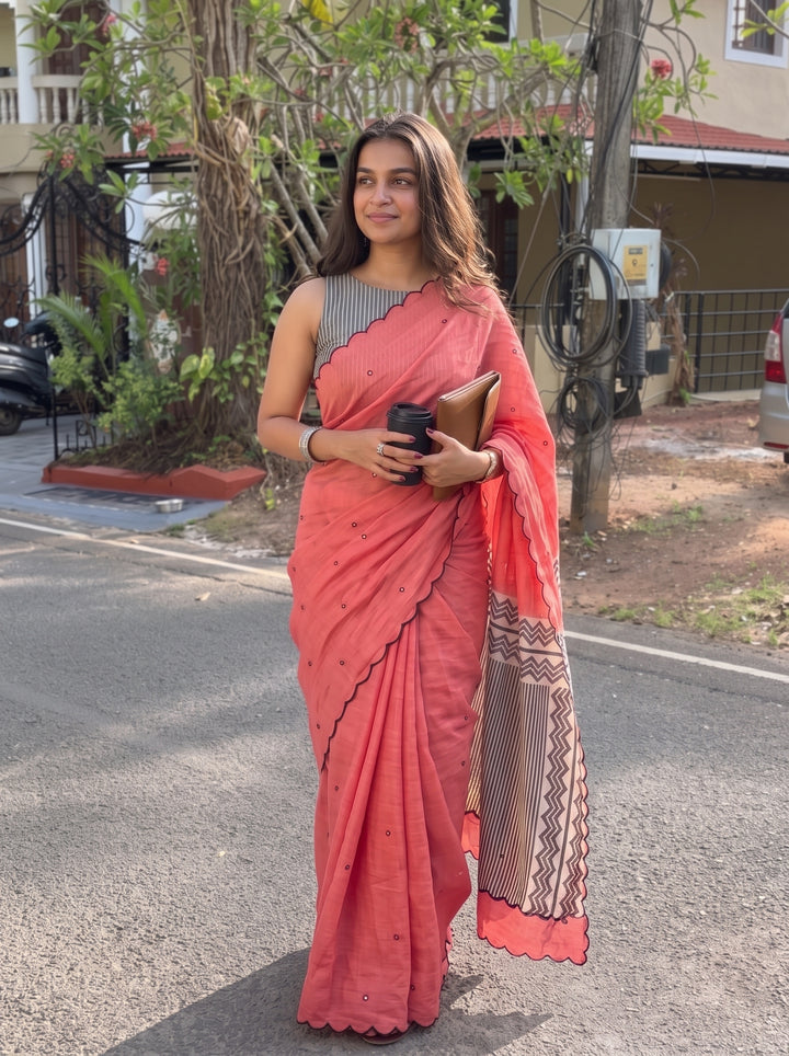 Coral Pink Mul Cotton Saree with Aari Foil Mirror Work, Embroidered Arco Border & Contrast Printed Pallu with Blouse Piece