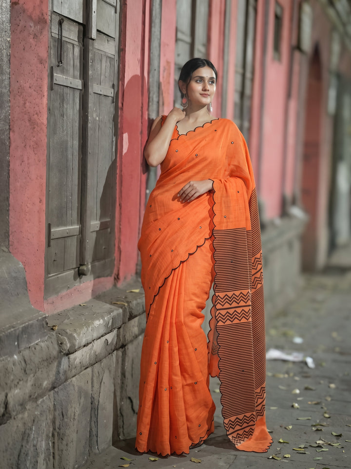 Orange Mul Cotton Saree with Aari Foil Mirror Work & Embroidered Arco Border with Blouse Piece
