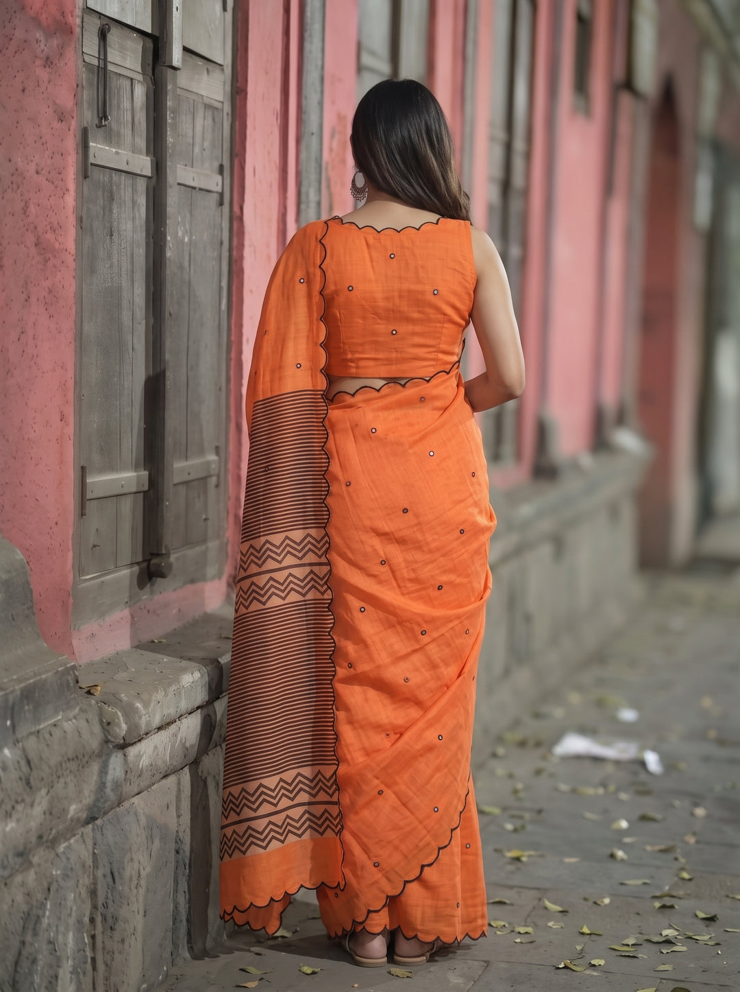 Orange Mul Cotton Saree with Aari Foil Mirror Work & Embroidered Arco Border with Blouse Piece