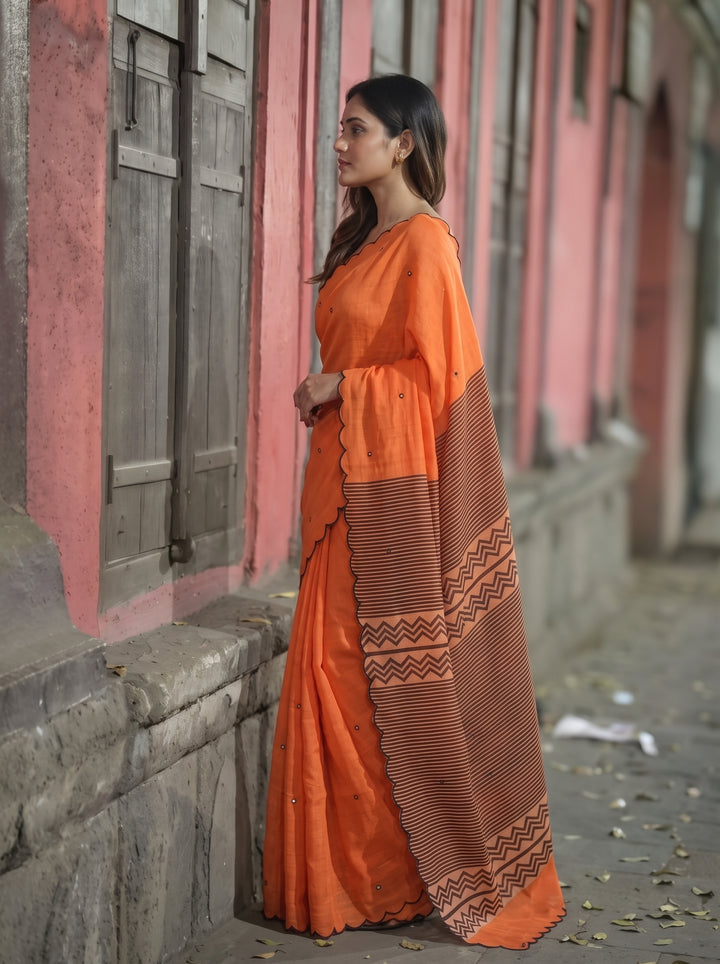 Orange Mul Cotton Saree with Aari Foil Mirror Work & Embroidered Arco Border with Blouse Piece