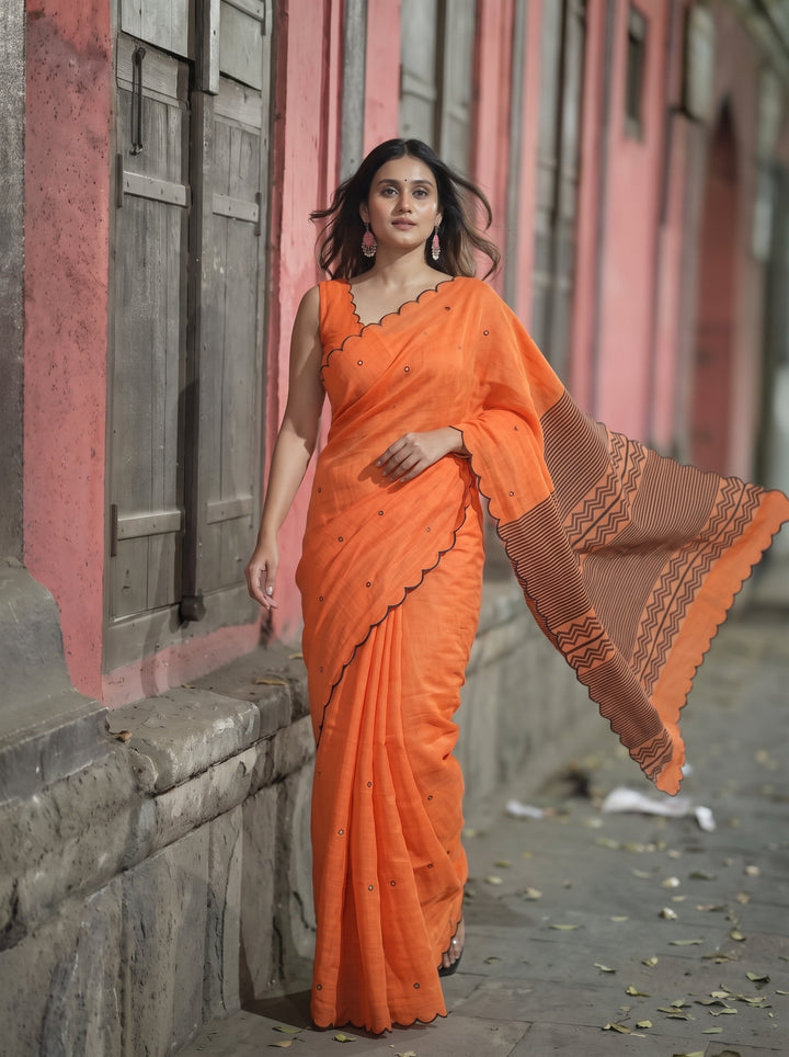 Orange Mul Cotton Saree with Aari Foil Mirror Work & Embroidered Arco Border with Blouse Piece