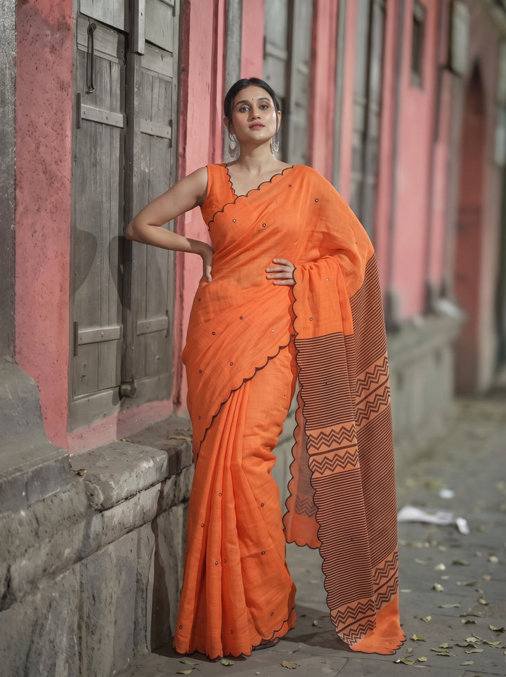 Orange Mul Cotton Saree with Aari Foil Mirror Work & Embroidered Arco Border with Blouse Piece