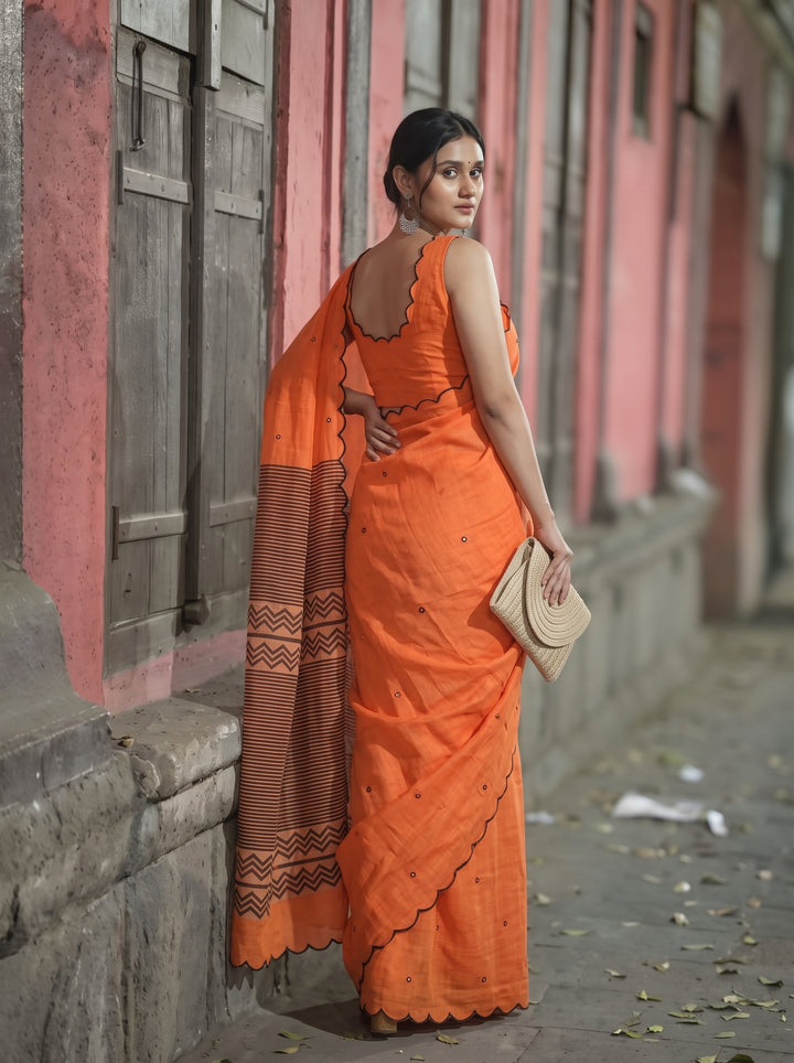 Orange Mul Cotton Saree with Aari Foil Mirror Work & Embroidered Arco Border with Blouse Piece