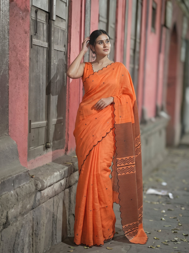 Orange Mul Cotton Saree with Aari Foil Mirror Work & Embroidered Arco Border with Blouse Piece