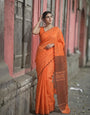 Orange Mul Cotton Saree with Aari Foil Mirror Work & Embroidered Arco Border with Blouse Piece