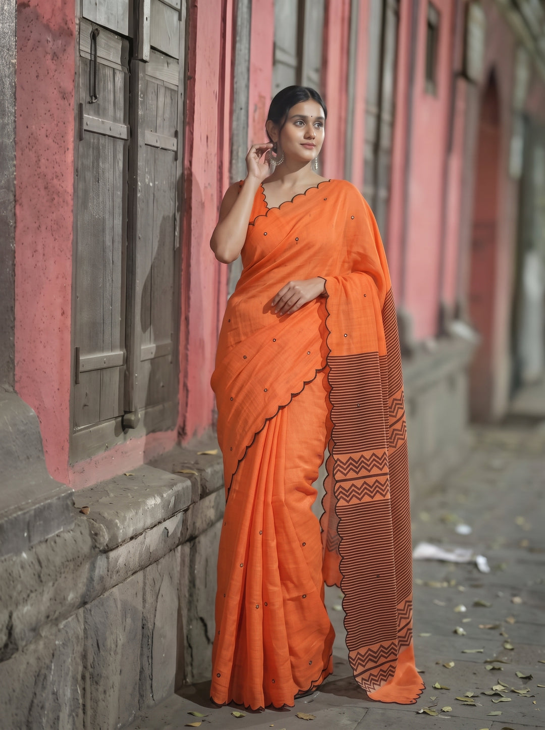 Orange Mul Cotton Saree with Aari Foil Mirror Work & Embroidered Arco Border with Blouse Piece