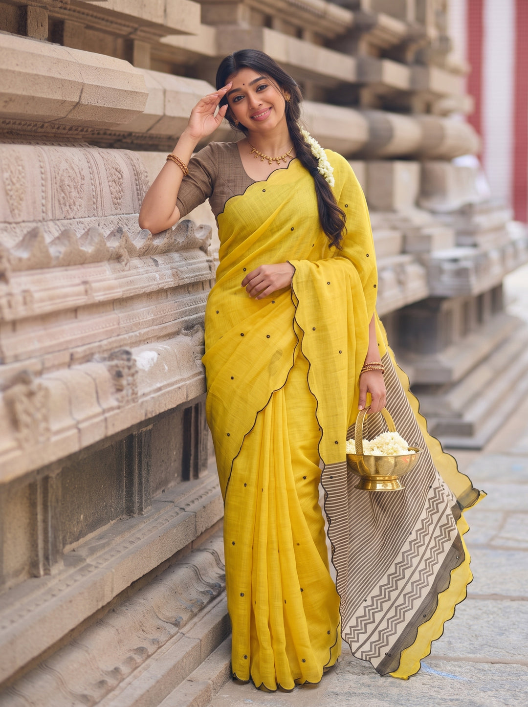 Yellow Mul Cotton Saree with Aari Foil Mirror Work, Embroidered Arco Border & Printed Pallu with Blouse Piece